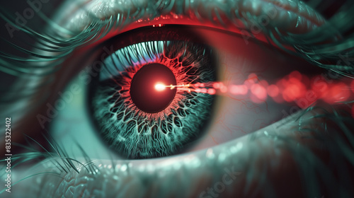 Laser eye correction for vision improvement. Beam and cornea close up LASIK procedure