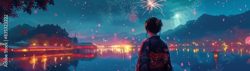 Stylized image of a person in summer festival attire Background shows a firework display over a Japanese lake Simple, vibrant colors