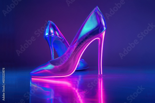 neon glowing purple high heels on reflective surface with pink highlights