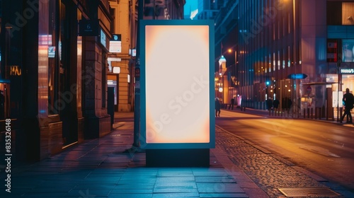 Ultra-resolution mockup of a white blank vertical ad stand on a sidewalk at night, highlighting urban advertising opportunities