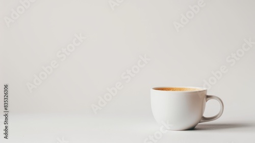 Creamy coffee in a white porcelain mug on a plain white backdrop with room for text Close up image from the side