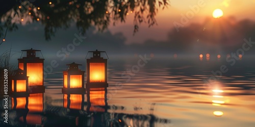 Glowing lanterns floating gracefully on a calm lake at a traditional lantern festival.