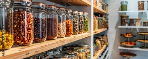 Shelves stocked with various jars filled with legumes, pasta, and herbs in a kitchen pantry.