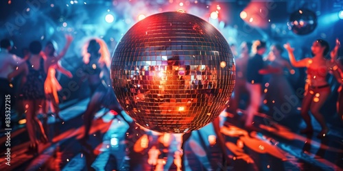 Glittering disco ball casting reflections on a dance floor filled with energetic dancers at a lively disco party.