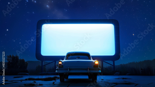 retro-style outdoor movie theater with a vintage car and a giant screen, under a starry night sky, with a subtle hint of fun, against a bright blue background, copyspace, Drive-In Movie theme