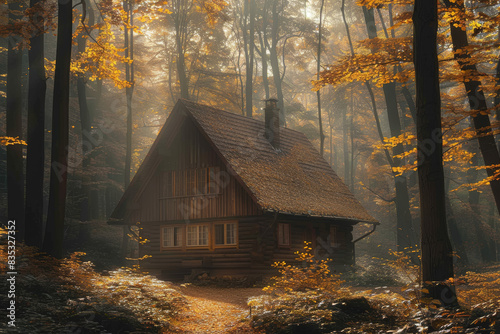 A secluded cabin nestled deep in the woods, where the rustle of leaves and the song of birds provide the soundtrack for creative contemplation. Concept of sylvan serenity. Generative Ai.
