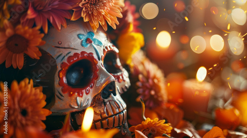 Traditional Calavera (Sugar Skull) for Feast of Dia de los Muertos (Day of the Dead) Mexican holiday, attributes and traditions on blurry background with candles and copyspace