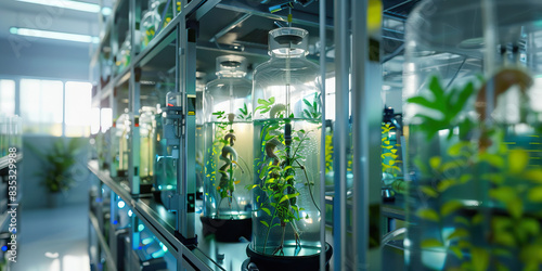 Genetic Modification Lab: A laboratory where geneticists conduct experiments to modify and enhance organisms, with tanks containing genetically modified creatures and plants