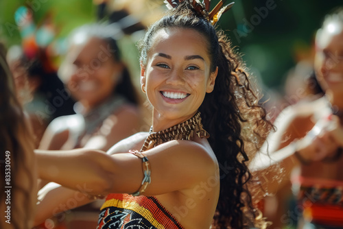 The look and smile of a Polynesian woman while performing a traditional dance