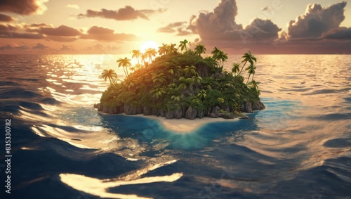 Tropical island in the ocean, green trees and palms, waves, sunset