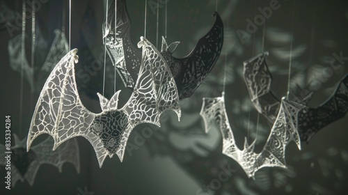 Delicate lace bat decorations hanging from invisible strings, their intricate patterns casting eerie shadows.