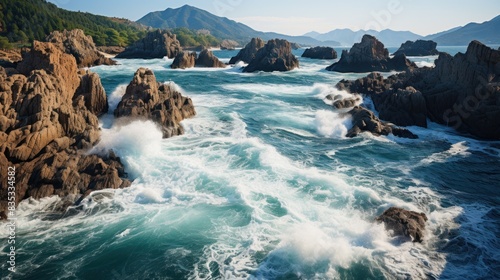 Powerful waves crash against rocky cliffs along a scenic coastline