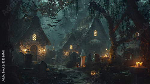 A dark fantasy village with cobblestone streets, cozy taverns lit by lantern light and cemeteries filled with weathered tombstones, glowing pumpkin, bats