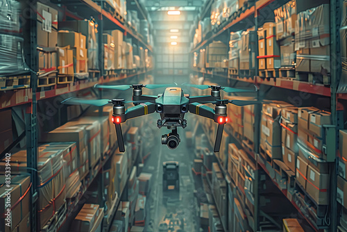 Drone flying inside the warehouse