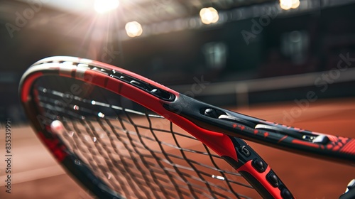 Tennis racket with vibration dampening tech, close shot on handle and tech inserts, court light