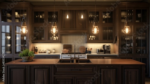A modern country kitchen with dark wooden cabinetry, a large farmhouse sink, and industrial-style light fixtures hanging over a central island.