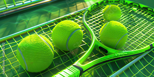 Lime Green Tennis Racket: A tennis racket and a couple of tennis balls, sitting on top of a net, all in a bright lime green color. 
