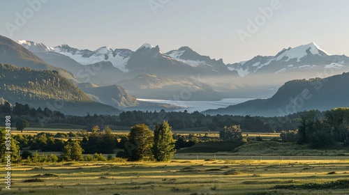 An elegant and expansive view of Patagonia, showcasing the interplay of light and shadow on the verdant valleys and distant glaciers, set against a clear, bright sky, evoking a sense of peace and