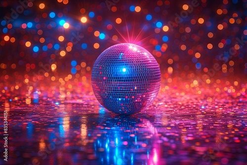 Disco ball with a lot of glitter surrounded by a lot of sparkles. Ce scene is very colorful and lively, giving off a fun and energetic vibe