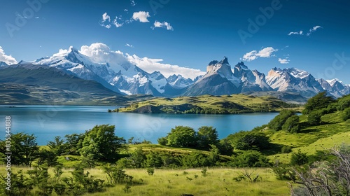 A serene and expansive landscape of Patagonia, where the green hues of the vegetation contrast with the white of the glaciers, under a clear, bright sky, creating a simple yet majestic scene