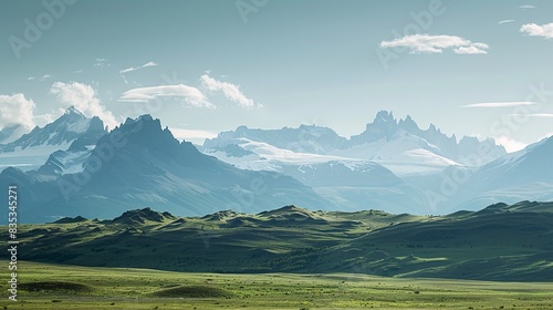 A minimalist yet majestic depiction of Patagonia's terrain, featuring the verdant valleys, rugged silhouettes, and icy peaks, all under a bright, cloudless sky, emphasizing the landscape's elegance