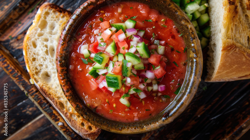 classic gazpacho soup with fresh diced vegetables in rustic bowl, perfect summer dish