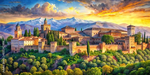 Watercolour painting of Alhambra, Granada, Spain, Alhambra, Granada, Spain, watercolour, painting, art, architecture, historical, landmark, Europe, tourist attraction, beautiful, detail
