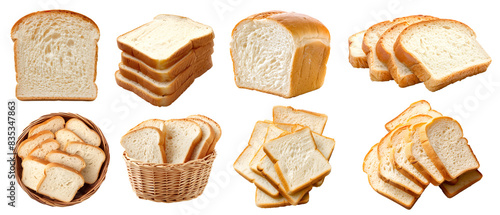 White bread bun loaf slice on transparent cutout, PNG file. Many assorted different angles, stack, basket, pile. Mockup template for artwork