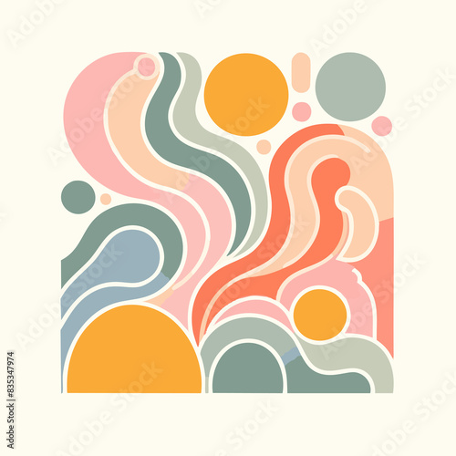 Adventure on the Horizon: Abstract Landscape Poster Featuring Waves, Plants, Nature, Sea, People, Brotherhood, and Unity with Colored 70s Groovy Background Wallpaper Inspired by Matisse's Collages