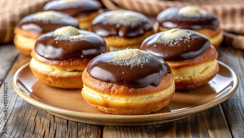 Close-up shot of Boston cream donuts on a plate, dessert, bakery, sweet, pastry, chocolate, cream, delicious, indulgence, treat, tempting, snack, breakfast, gourmet, tasty, glazed