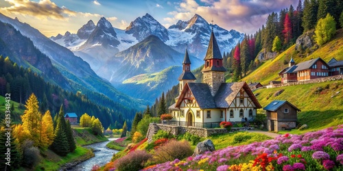 Enchanting gothic mountain valley with vibrant colors and whimsical touches, gothic, mountain, realm, fantasy, reality, vibrant, palette, whimsical, fusion, generative AI, shadows