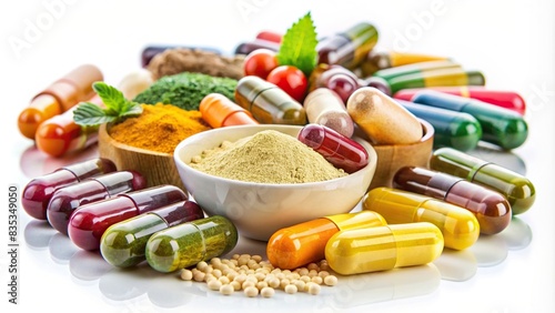 Various dietary supplements and vitamins in pill, capsule, and powder form displayed on a white background with vibrant colors , health, wellness, nutrition, vitamins, minerals, supplements
