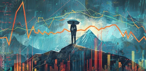 As a businessman holding a umbrella to symbolize wealth management, market turbulence and financial crisis security concept is used as a volatile stock market with price volatility.