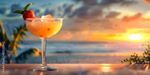 Copa de Daikiri o bebida alcoholica de ron blanco en un atardecer en la playa vacaciones ideales
