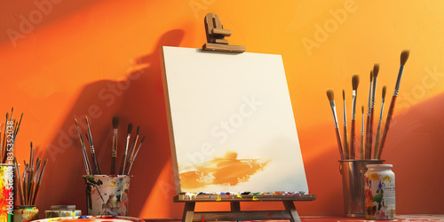 Sunset Orange Artist's Nook: Canvas easel with paintbrushes and a palette against a warm, orange wall