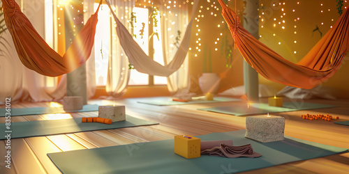 Ethereal Escape: A serene yoga studio with mats, blocks, and suspended hammocks, inviting practitioners to find peace and balance