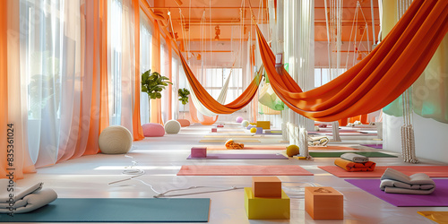 Ethereal Escape: A serene yoga studio with mats, blocks, and suspended hammocks, inviting practitioners to find peace and balance
