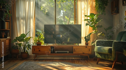  Sunlight filters through sheer curtains, casting a warm glow on a tranquil TV room featuring a luxurious green armchair and tasteful decorations