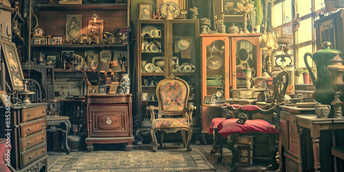Vintage Charm: An antique shop filled with collectibles, furniture, and knick-knacks, evoking nostalgia and a sense of history