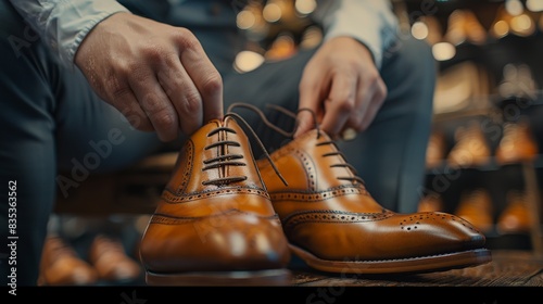 Craftsman tying laces on handmade leather shoes in a luxury boutique