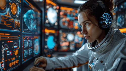 Woman astronaut analyzing data and navigating spaceship in futuristic control center. High-tech screens and advanced space technology.