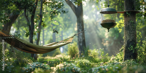 Nature's Sanctuary: A tranquil forest with a hammock and a bird feeder, inviting relaxation