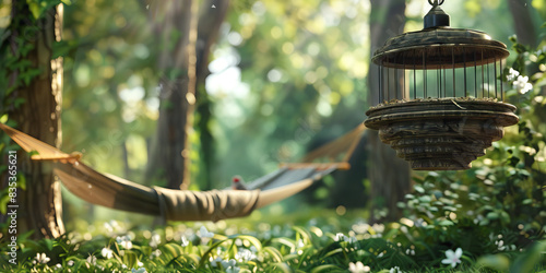 Nature's Sanctuary: A tranquil forest with a hammock and a bird feeder, inviting relaxation