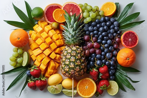 A colorful fruit platter with tropical fruits on a white background in a top view.