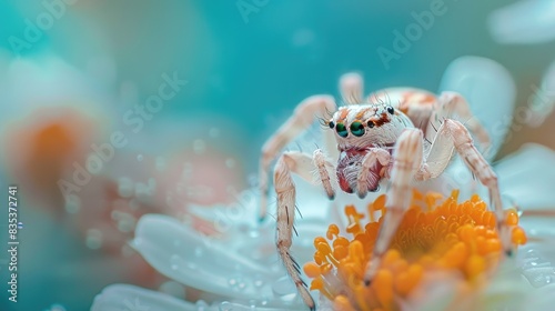 Close up macro shot of a jumping spider with a flower on a blue background