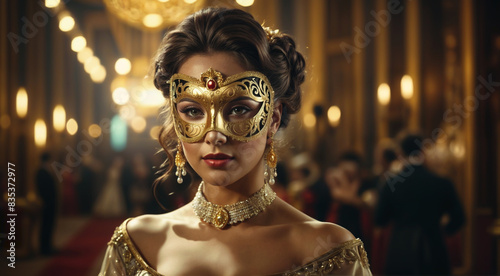 Portrait of a beautiful noblewoman in a golden mask at a masquerade ball in 1800s France. - Generative AI