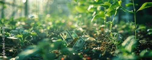 Young plants sprouting from soil with US dollar bills, symbolizing investment growth and financial concepts.
