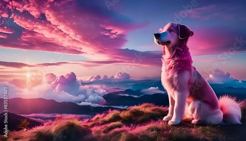 3D dog wailing for life sitting on a hill with thick grass surrounding it and illuminated by a sunset view