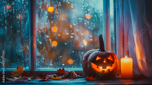 Halloween pumpkins with candles on a wooden table against a window with blurred autumn leaves outside at night, copy space area for text or design