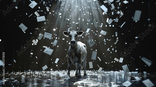 Cow steals the spotlight with floating papers all around